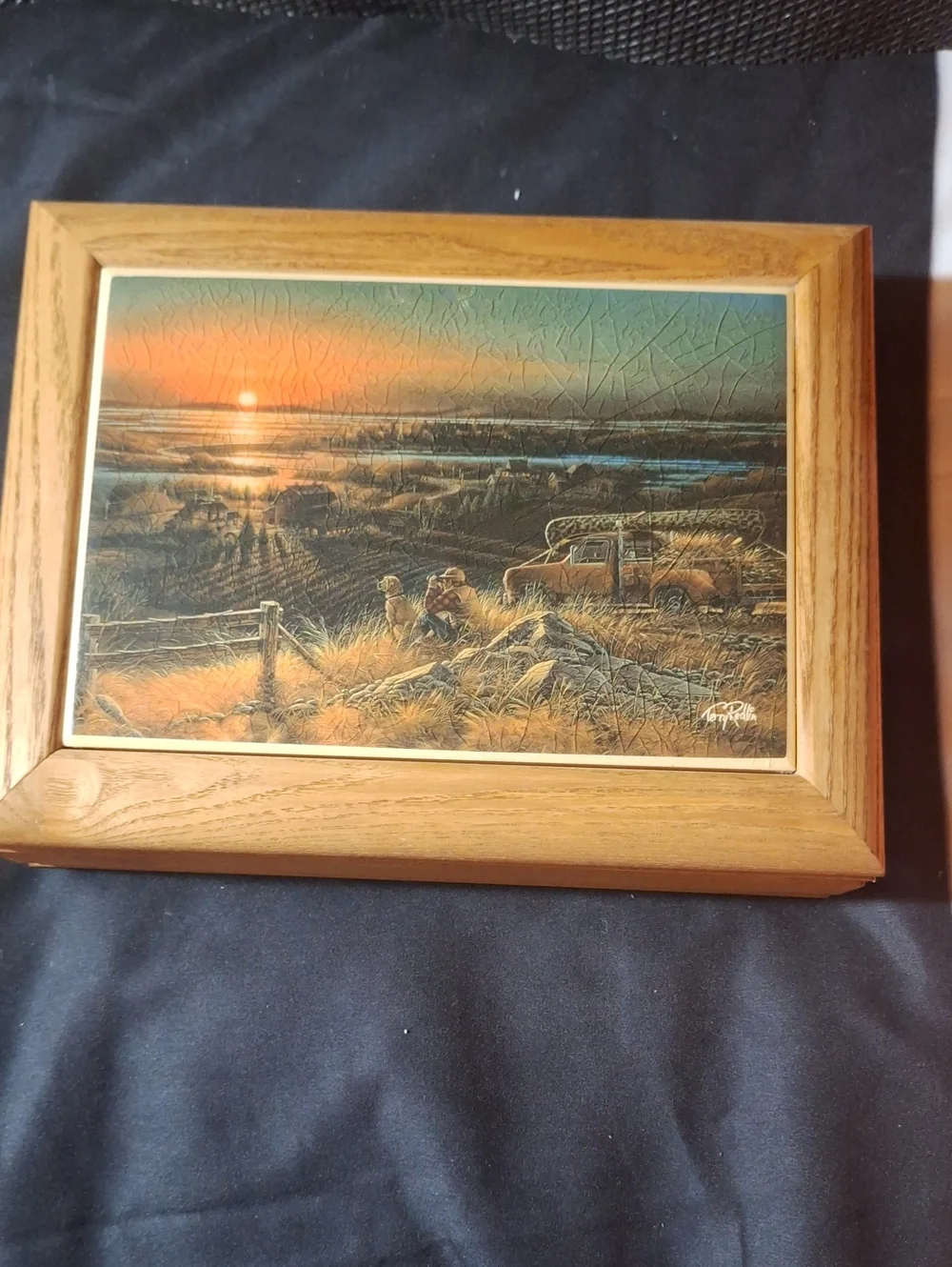 Vintage Sunset Coastal Landscape Wood Box with Red Velvet Lined